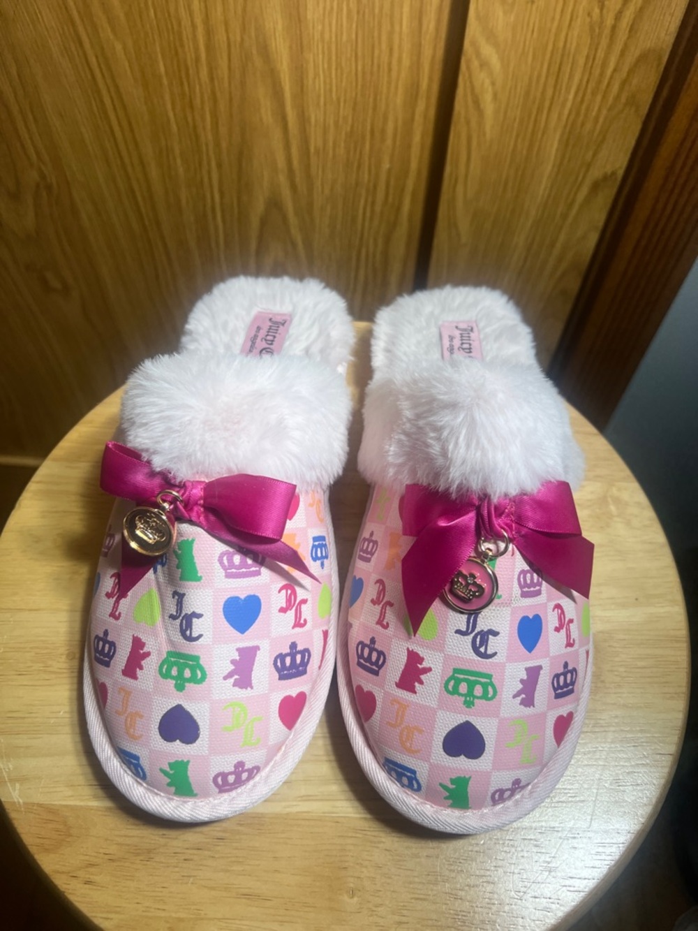 Juicy Couture Pink Multi-Icon Plush Slipper Slides